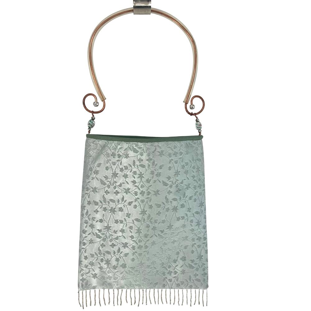 Sage Green Silk Evening Bag with Copper Handle & Beaded Fringe